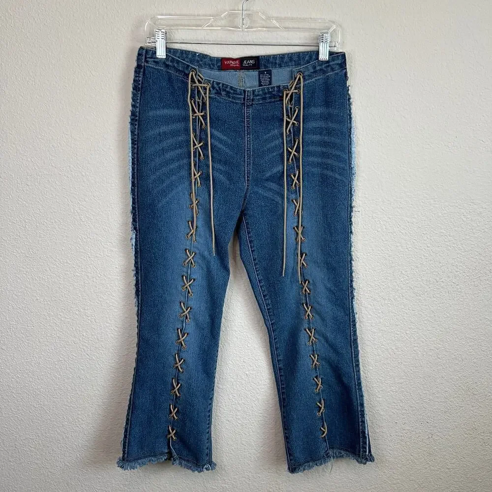 Younique Jeans Vintage Y2K Women's 9 Lace Up Leg Mid Rise Capris Stretch Denim - Picture 1 of 6